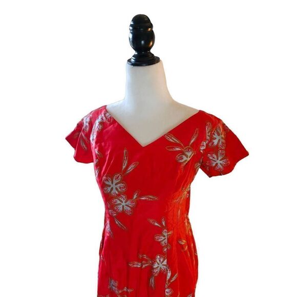 Red Vintage 60s Hawaiian Cotton Maxi Dress Kaftan Muumuu 70s Waikiki - Picture 3 of 6